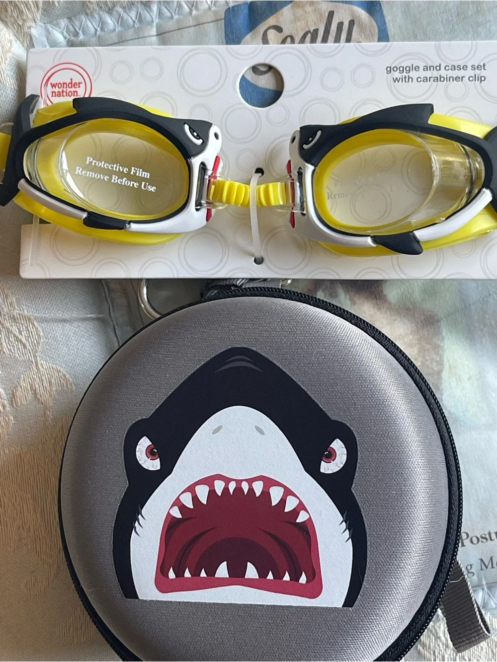 BNWT Kids Yellow Shark Swim Goggles with Case